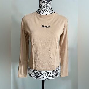Adika Angel Embroidered Tan Long Sleeve Shirt Women’s Sz Small Soft Stretchy Y2K